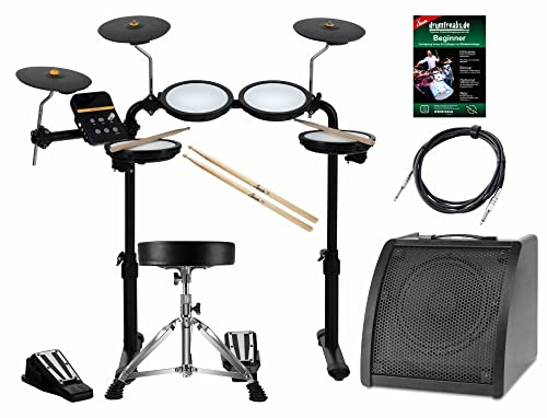 XDrum DD-250 E-Drum Set mit Mesh Heads - Elektronisches Schlagzeug mit 4 Drum Pads, 3 Becken Pads, Kick & Snare Fußcontroller, Rack & Sticks - Set inkl. Hocker, Lautsprecher, Kabel, Schule und Sticks