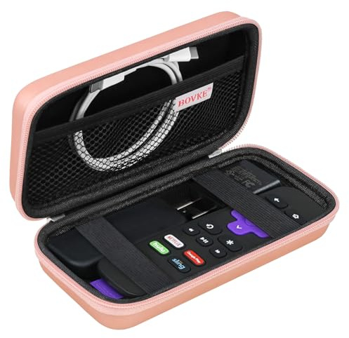 BOVKE Hartschalenkoffer für Voice Remote Controller, Streaming Stick+,4K, Remote Case für TV Steaming Stick 3820R/3821R/3941R, Extra Mesh Tasche für Adapter, Kabel, Roségold
