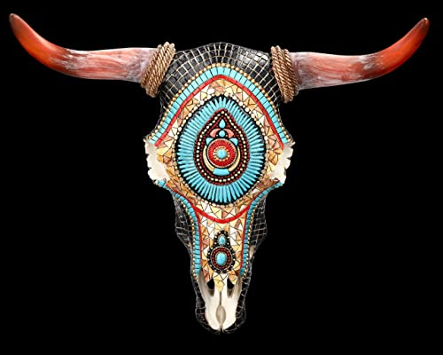 Figuren Shop GmbH Wanddeko Totenkopf Bison mit Western Mosaik 33 cm groß - Relief mit Hörnern | Trophäe Kopf Rind Longhorn Bulle Büffel Schädel Indianer Cowboy USA Deko