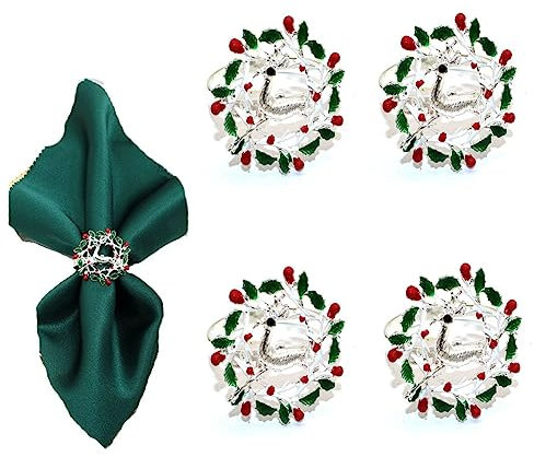 Yurosiay 4 Stück Weihnachten Serviettenringe Vintage Weihnacht Kranz Serviettenring Rentier Serviettenringe Serviettenschnalle Metall Hirsch Serviettenhalter für Weihnachten Tischdeko Silber
