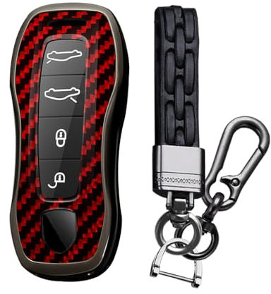 TECART Porte-clés pour Porsche Porsche Cayenne Panamera Carrera Motif carbone 3/4 boutons Rouge
