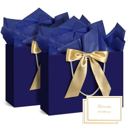 BBLIKE Medium Gift Bags for Present - 2 Pcs Birthday Gift Bag with 4 Wrappers and 2 Cards, Luxury Paper Bags with Handles for Girls Boys Wedding Party Christmas Valentines Bridesmaid (Blue Gold)
