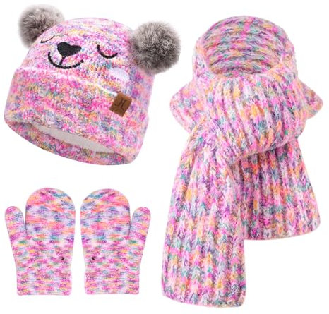 Kinder Winter Mütze Lang Schal Handschuhe Set Pompom Wintermütze Strickmütze Beanie Schals Fäustlinge für 0 6 12 18 Monate Baby Kleinkinder 1 2 3 4 Jahre Mädchen Jungen, Gebatikt Rosa