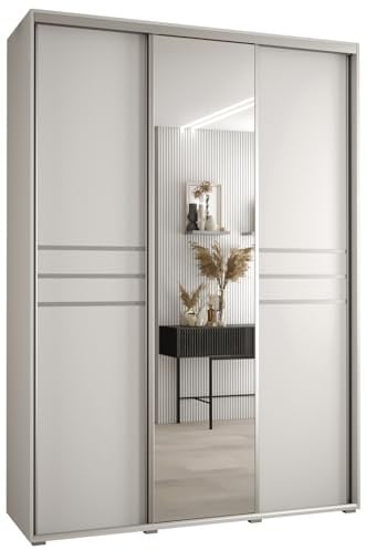 MEBLE KRYSPOL Davos 11 180 Schrank mit DREI Schiebetüren für Schlafzimmer - Moderner Schrank mit Spiegel, Kleiderstange und Regalen - 235,2x180x60 cm - Weiß Weiß Silber
