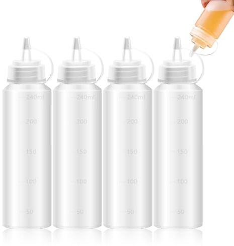 Bottiglie Spremi-condimento, Bottiglia Squeeze, Plastica Bottiglie, ricaricabili con coperchi a scatto - Per salse calde, salsa barbecue, olio,condimenti per insalata,senape,mayo,4 confezioni (240 ML)