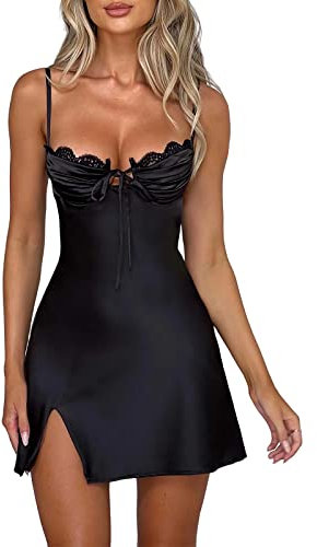 Edhomenn Women Sexy Mini Dress Ruched Wrap Sleeveless Short Dress Square Neck Flower Print Spaghetti Strap Y2k Dress (04 Black, M)