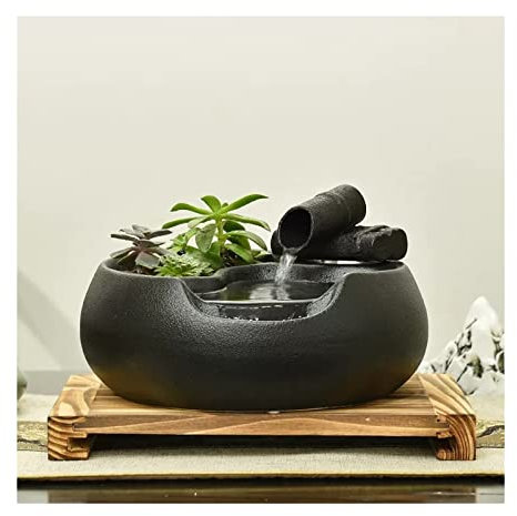 ULTRAWAVE Petite Fontaine de Table en Céramique Noire pour Patio de Bureau Intérieur et Extérieur avec Pompe et Socle en Bois (Color : A)