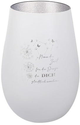 Der-Porzellan-Laden Windlicht mit Gravur Nimm dir Zeit für die Dinge, Weiß Silber, Teelichthalter aus Glas mit Spruch, Tischdeko modern