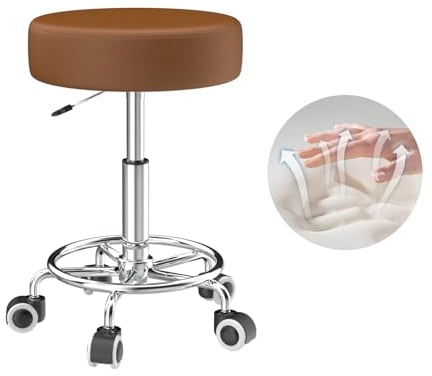 Hocker höhenverstellbar 49cm-63cm,Rollhocker mit fußstützezur Entspannung des Körpers,kompakt,bequem und leicht PU leder hocker mit rollen,drehhocker,arbeitshocker,friseurhocker,bürohocker (Braun)