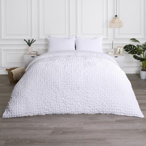OHS Superking Duvets Sets, Embossed Superking Seersucker Duvets Sets Quilted Geometric Luxury Super Soft Waffle Bedding Set Covers with Pillowcases, White