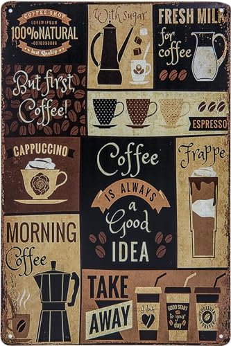 Cartel de chapa de 30 x 20 cm, diseño con temática de café, capuchino y espresso, resumen con receta e indicaciones, letrero decorativo para cocina
