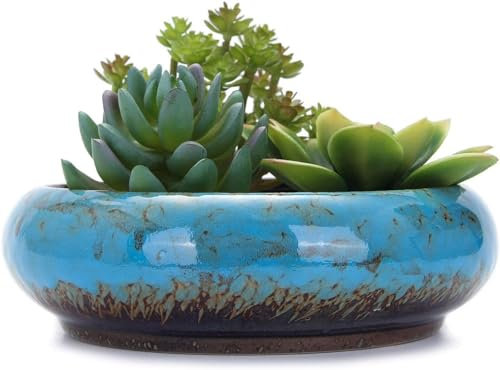 Macetas redondas grandes de cerámica esmaltada para suculentas de 7.3 pulgadas con agujero de drenaje, macetas de bonsái decorativas para jardín, soporte de cactus (azul)