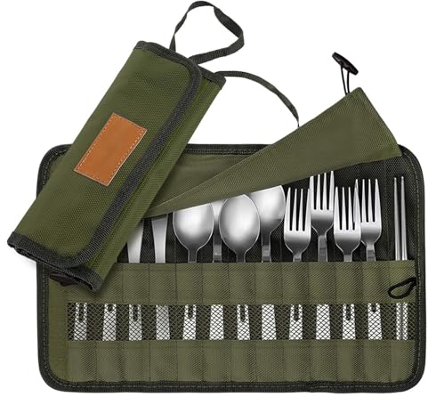 Shuangliao Camping Cutlery Pouch, Multi-Purpose Cutlery Roll, 13-Pocket Storage Bag, Army Green, Perfect for Home, Travel, Outdoors