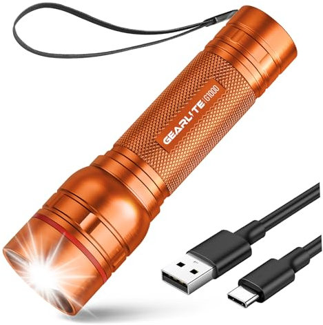 GEARLITE Lampe de poche LED rechargeable, 2000 lumens, pour enfants, avec 3 modes, mini lampe de poche zoomable avec longue durée de vie, étanche IP65, pour camping, pêche, urgence, extérieur, orange