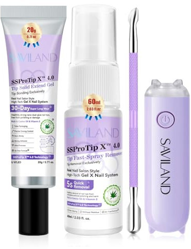 SAVILAND 20g Solid Nail Glue Gel Kit: 30 Days Long Lasting Gel Glue for Press On & False Nails with 60ml Quick Removal Nail Glue Remover & UV/LED Mini Lamp Strong Hold Nail Bond for Nail Art Design