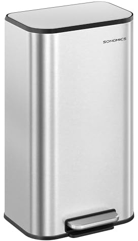 SONGMICS Küchenmülleimer, 8 Gallonen (30 l), Mülleimer mit Deckel, Edelstahl, Absenkautomatik und bleibt offen, Inneneimer, breites rutschfestes Pedal, metallisches Silber ULTB546E01