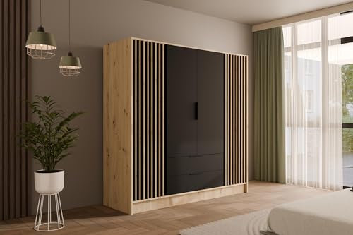 ALTDECOR Kleiderschrank mit selbstschließenden Lamellentüren, Lamellen, Flügeltüren - Nelia - 200 cm Artisan/Schwarz/Artisan