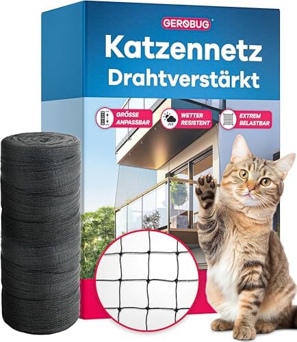 Gerobug Katzennetz für Balkon ohne Bohren 10x3m - Drahtverstärktes Balkonnetz für Katzen zur Sicherung von Balkon, Terrassen, Fenstern, Dachluken - schwarz inklusive Zubehör