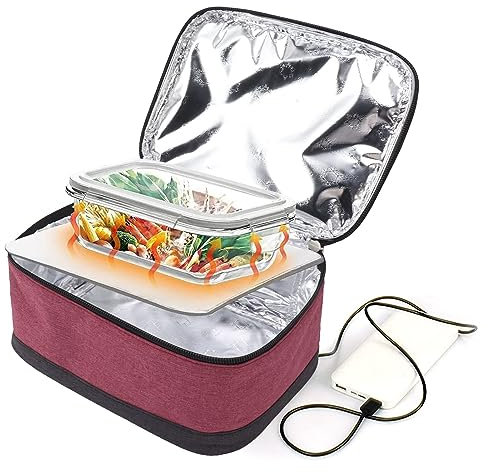 Jwthee Portable Oven, Electric Lunch Box Food Warmer Lunch Box Heated Lunch Box 5V Mini Oven with USB Cable, Aluminium Foil Liner, Personal Portable Microwave for Office (Wine Red)