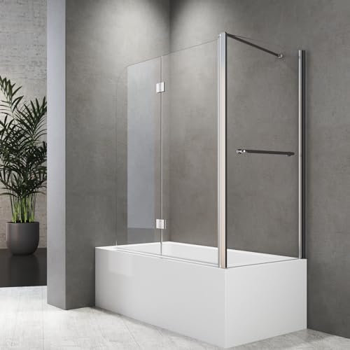 Duschwand für Badewanne 75 x 120 x 140 cm mit Seitenwand 2-teilig Faltbar,Faltbar Badewannenaufsatz Duschtrennwand Faltwand aus 6mm Nano Glas