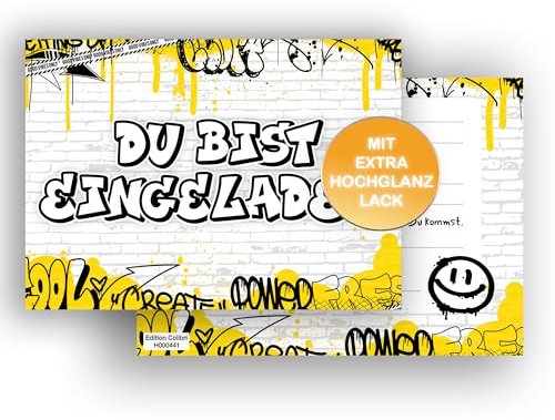 Edition Colibri 10 Einladungskarten Kindergeburtstag Graffiti, gelb, A6, Partyeinladung für Sprayer, Einladung zum Geburtstag Junge und Mädchen