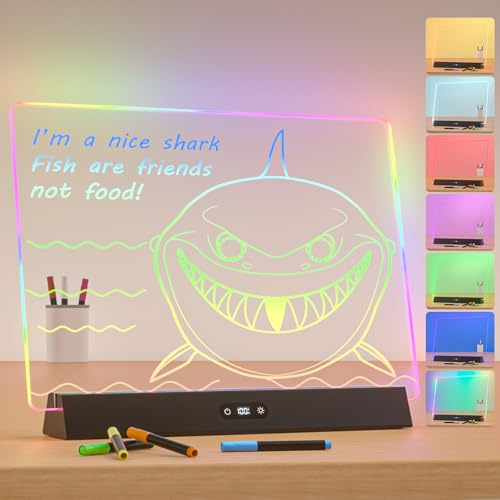 LED Note Board with Colors, Rechargeable 9-Mode Light Up Acrylic Dry Erase Board, 14X10 Neon Glow Desk Sign Letter Message Memo Drawing Board for Home/Bedroom/Store/Office/Gift, 7 Markers Black