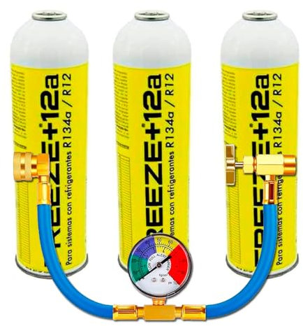 Genérico Gas Aire Acondicionado para Coche. 3 Botellas Gas Refrigerante Freeze Organico +12a de 420Gr Sustituto R134a / R12 + Manguera de Carga con manómetro Control de Carga.