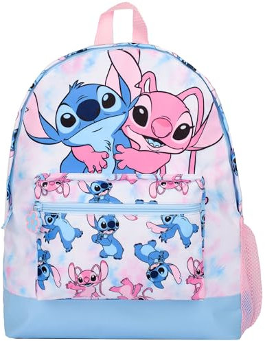 Disney Stitch Sac à dos d'école pour filles 2 compartiments Sac à dos de voyage pour enfants Bretelles réglables et poche en maille Tie Dye, Tie-dye