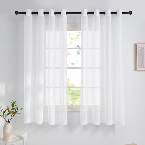 NICETOWN Kurzgardine Weiss Voile Gardinen mit Ösen Vorhang 160 cm lang | H 160 x B 140 cm, 2er Set, Vorhang Transparent, Gardinen Wohnzimmer Modern, Leinenoptik, Sheer Curtains, Sichtschutz