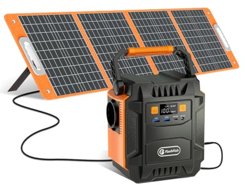 FlashFish 200W Tragbare Powerstation mit Solarpanel 100W, 172.8Wh Solargenerator mit LED Licht, 230V AC-Ausgang Reiner Sinuswelle, Notstromaggregat Akku für Camping, Reise, Abenteuer, Notfälle