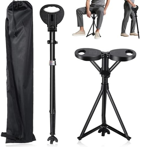 Tragbarer Gehstock mit Sitz,Höhenverstellbarer Spazierstock & Hocker,Robustes Aluminium,Maximale Traglast 250kg,Leicht für Wandern,Warteschlangen,Stadtspaziergänge und Outdoor Aktivitäten wie Reisen