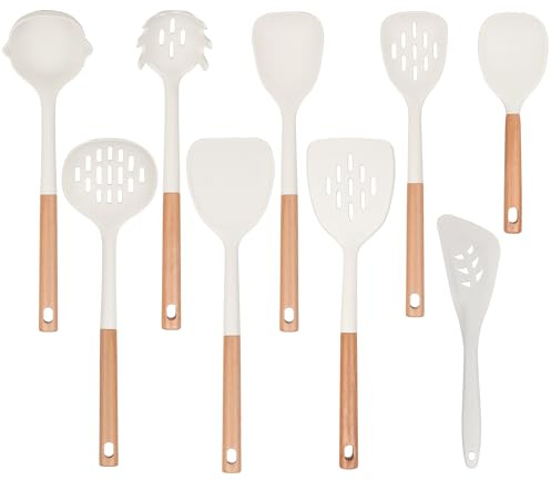 Ustensiles de Cuisine en Silicone avec Manches en Bois, 9 Pièces Ustensiles de Cuisine avec Cuillère, Spatule en Silicone Alimentaire Résistant à la Chaleur pour Batterie de Cuisine Antiadhésive
