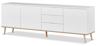 KHG Sideboard 3 Schubladen Scandi, Kommode aus Holzwerkstoff weiß foliert für Wohnzimmer und Esszimmer, 200 x 68 x 40 cm (B/H/T)