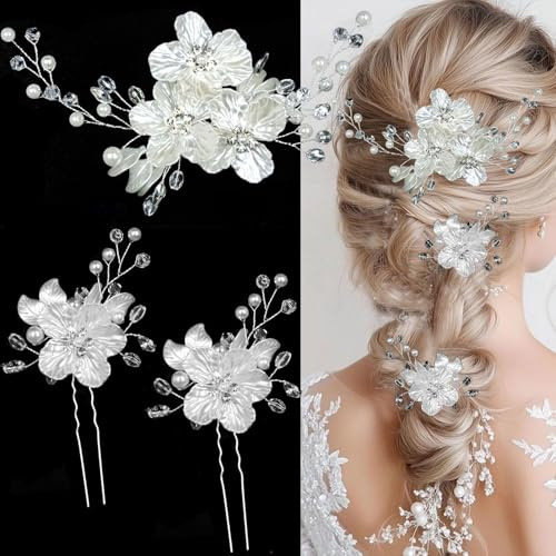 VelvetGlow 3 piezas de pasadores grandes con flores para novia, bodas, accesorios de pelo con cristal y perla, adornos para el cabello de novia con strass, brillo en relieve flor blanca