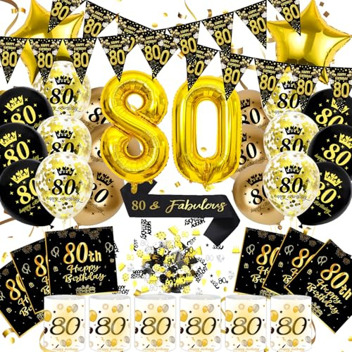 80 Geburtstag Deko Männer Frauen, Schwarz Gold Zahlenballon 80. Geburtstag | Geburtstagsdeko 80 Jahre, Schwarz Gold Party Deko, Happy 80th Birthday Banner, 32 Zoll Zahlenballons, Schärpe und Ballons