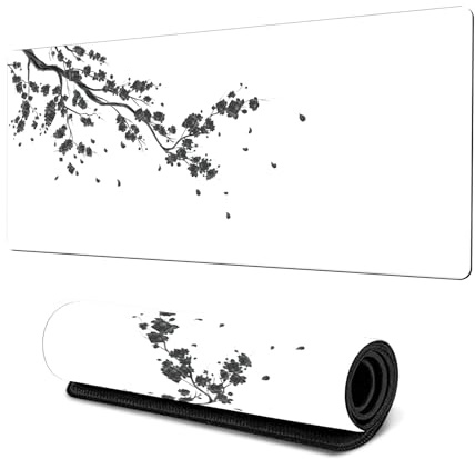 Gaming Mouse Pad XL, 800x300x3mm Large Gaming Mouse Mat Extended Keyboard and Mouse Pad Mat Non-Slip Rubber Base with Stitched Edges for PC, Office & Home Gaming (Cherry Blossom-White, 800*300*3mm)