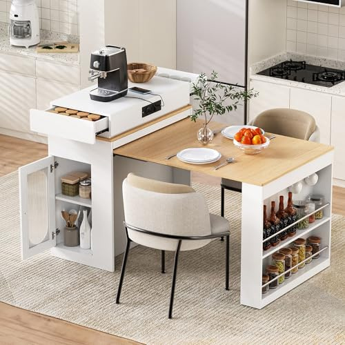 Isla de cocina con ruedas, mesa de comedor extensible con tablero plegable, mesa de bar con regletas y ganchos, sirve como isla de cocina, aparador o mesa de bar para cocina y comedor (blanco)