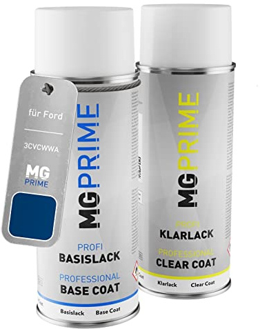 MG PRIME Lack Spraydose für Ford 3CVCWWA / PN3BG0 / V Performance Blue. +1K | Indianapolis Blau Metallic / Performance Blue Metallic, Autolack, Set aus Basislack + Klarlack, Sprühdosen 400ml