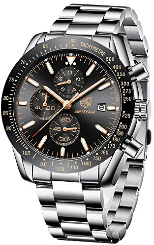 BENYAR Uhren Herren Chronograph Analog Quarz Armbanduhr Herren Wasserdicht Leuchtende Datum Edelstahl Armband Herrenuhr Mode Lässig Sport Business-Kleid Uhren fur Männer Elegantes Geschenk
