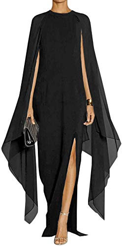 MAYFASEY Women's Elegant High Split Flare Sleeve Formal Evening Gowns Maxi Dress with Cape - Black - Medium