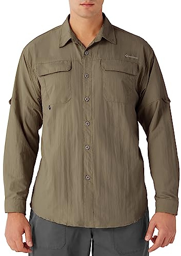 NAVISKIN Men's Sun Protection Fishing Shirts UPF 50+ Long Sleeve Sun Shirts for Men PFG Hiking Travel Shirts Fossil Size XL