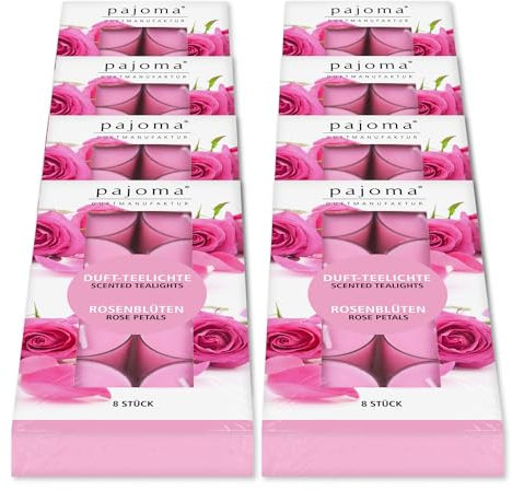 pajoma® Teelichte 8er Pack, Rosenblüten | 64 Duft-Teelichte in Polycarbonathülle, Brenndauer ca. 4 Stunden - Höhe 1,5 cm ø 3,5 cm | Premium Qualität | Deko, Gastronomie, Outdoor, Windgläser, Hochzeit