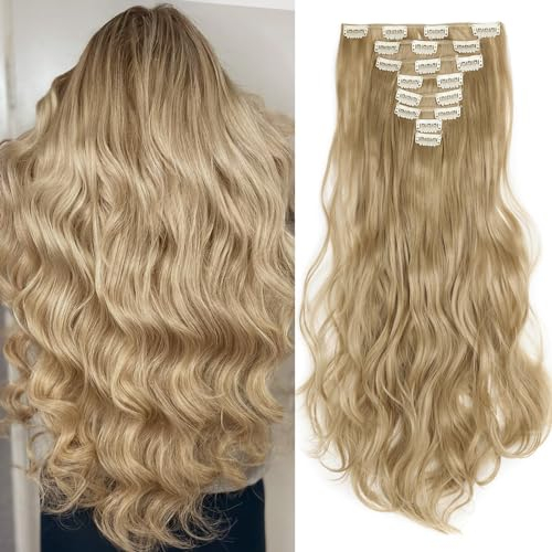 TESS Haarteile Clip in Extensions wie Echthaar günstig Haarverlängerung 8 Pcs 18 Clips Haarteil Hair Extensions Gewellt 17(43cm)-140g Mittelblond