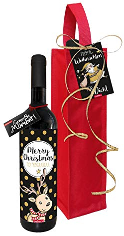 STEINBECK Wein - Merry Christmas - Weihnachtsessen Geschenk trockener Rotwein aus Spanien 100% Tempranillo in Flaschentasche Weihnachtsfeier Advent Rentier schwarz gold