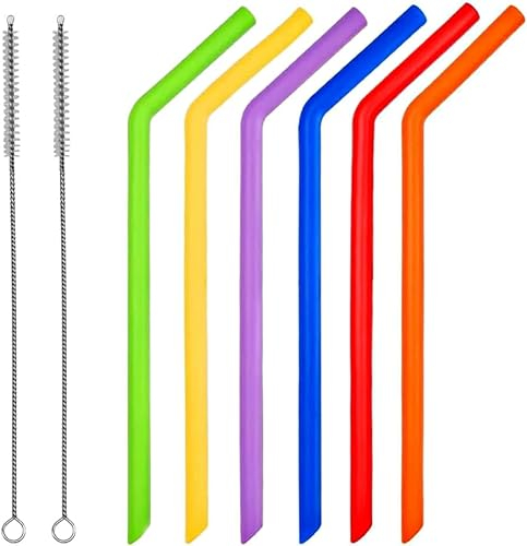 Voarge 6 Piezas Pajitas reutilizables silicona grado alimenticio con 2 Cepillos, para Yogur Batidos Jugo Café Cóctel Niños Adultos