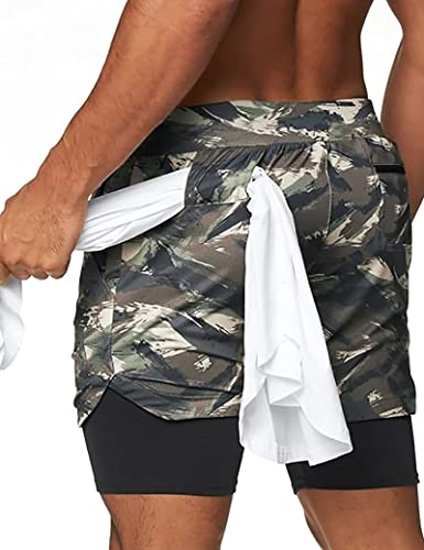 DIOTSR 2-in-1 Herren-Shorts, zum Laufen, Workout, leicht, athletisch, mit Taschen, tarnfarbe, XX-Large