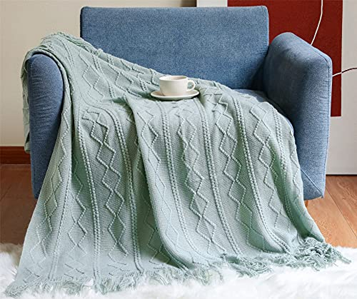 Hayisugal Wohndecke Boho Decke Weich Strick Wolldecke mit Quaste Kuscheldecke Sofadecke Couch Decke Überwurfdecke, Hellgrün, 130 x 200cm