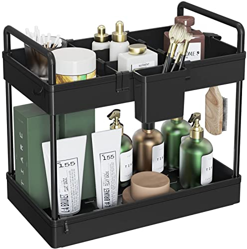 SOLEJAZZ 2-stöckige Aufbewahrung unter der Spüle, Badezimmer-Arbeitsplatte, Stehregal Kosmetikhalter, Badezimmer-Tablett mit Trennwänden, Aufbewahrungsregal-Organizer, 34 x 22 x 39 cm, schwarz