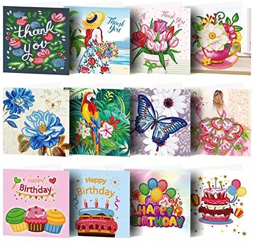 VNSTKWW 12 Stück 5D DIY Diamantmalerei Grußkarte Kreative Geburtstagskarte Spezielle geformte Weihnachtspostkarte Stickerei Kunst Handwerk für Familie Freunde Liebhaber für Geburtstag Festival…