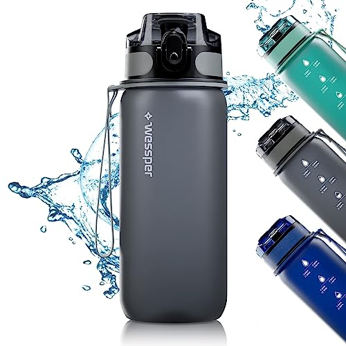 Wessper Tritan Trinkflasche 500ml Grau Wasserflasche Mit Zeitmarkierung BPA-frei | Auslaufsichere Sportflasche Für Fahrrad Schule Kinder Wandern Sport | Water Bottle Fitness Flasche Spülmaschinenfest